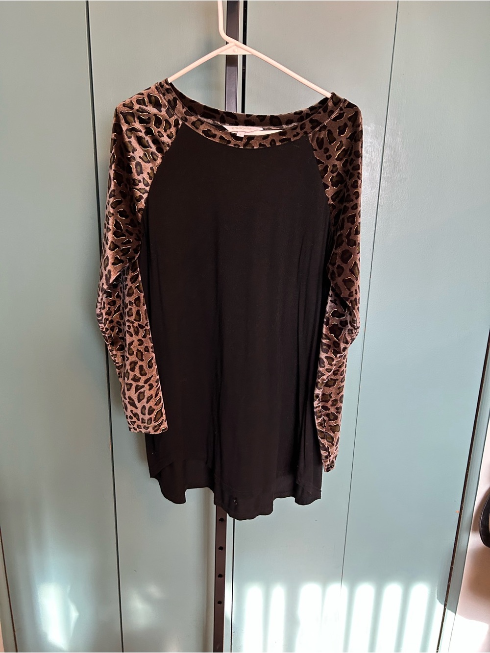 Amaryllis Black Long Sleeve Top with Leopard Velvet Sleeves